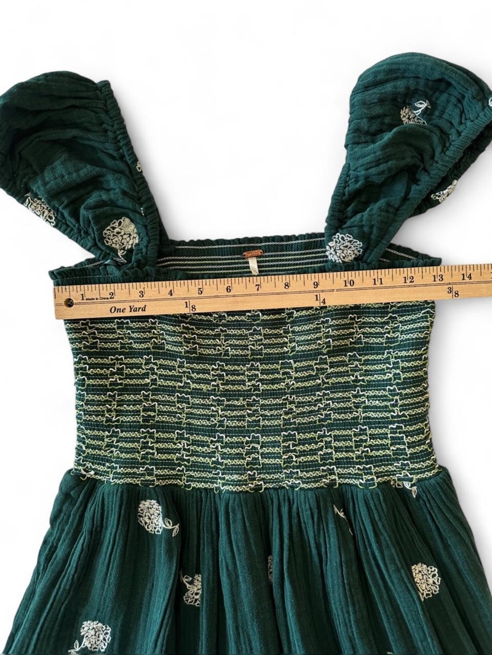 Free People Green Embroidered Smocked Babydoll Mini Dress Cotton Small - Picture 7 of 8